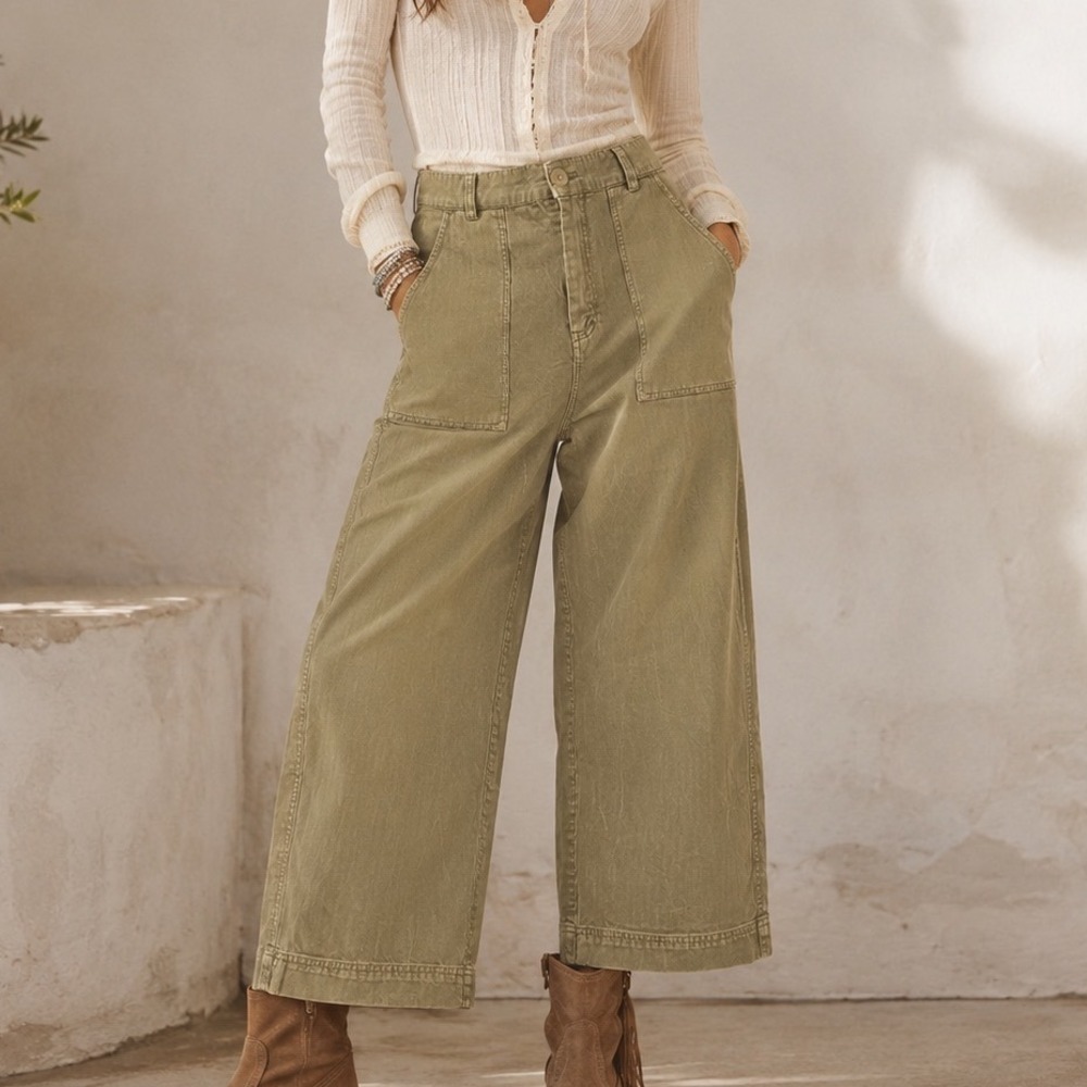Free People Womens Size 8 Olive Green Wide Leg Utility Pants Cropped Boho